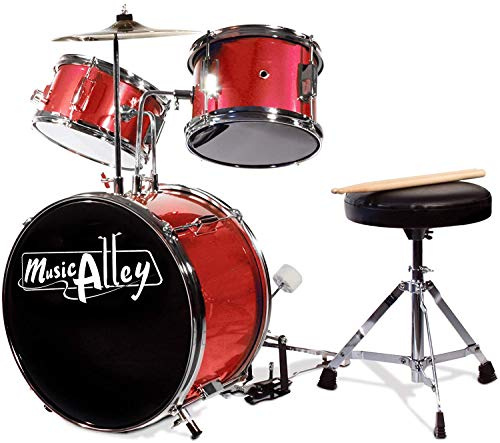 Music Alley DBJK02-BK 3-teiliges Anfänger-Drumkit für Kinder - Schwarz -inch rot