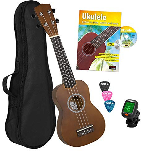 CASCHA Sopran Ukulele Set für Kinder und Erwachsene I Starter Kit Mit 3 Plektren, Tasche, Englischem Lehrbuch, DVD, Stimmgerät I Aquila Saiten Nylon I Kleine Hawaii Gitarre I Braun