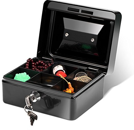 DEWIN Feuerschutztresor Geldkassette, Mini Stahl Klein Abschließbar Cash Geld Münze Safe Box Geldkassette mit Schlüssel für Haushalt Schwarz