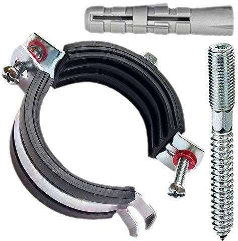 1 Stück Set HT Rohr Schelle aus Stahl verzinkt mit Gummi Schallschutzeinlage für Abflussrohr Außendurchmesser 110 mm 11 cm DN110 DN100 + Stockschrauben M8 + Dübel 10 mm Abwasser Halterung Befestigung