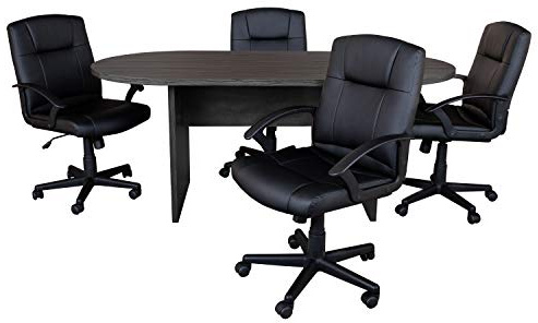 Flash Furniture Lake 5 Piece Rustic Gray Oval Conference Table Set with 4 Black LeatherSoft-Padded Task Chairs