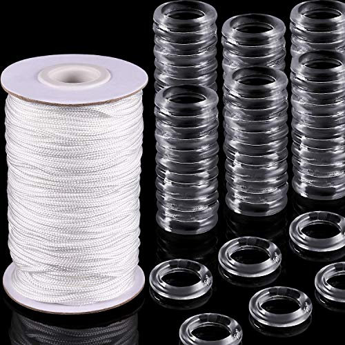 100 Pieces Clear Roman Curtain Rings 55 Yards Roman Blind Cord 8 to 13 mm Transparent Plastic Rings 1.8 mm White Braided Lift Shade Cord for DIY Blind Curtains(White)