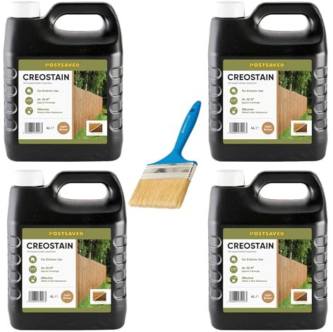 Postsaver Creostain Creocote Oil-Based Wood Treatment | Creosote Substitute | Wood Stain and Preserver | Ideal for Fence & Shed Treatment | Low VOC | 16 Litre + Brush (Light Brown)
