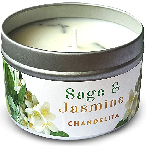 Chandelita Duftkerze mit Ätherische Öle Naturrein aus Salbei & Jasmin für Reinigung, Entspannung & Meditation – Duftkerzen aus Sojawachs – Vegane Kerze – Aromatherapie Candle – Chakra Kerze