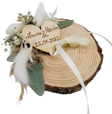 Hochzeit Ringkissen Ringhalter Holzscheibe mit Namen und Trockenblumen weiß