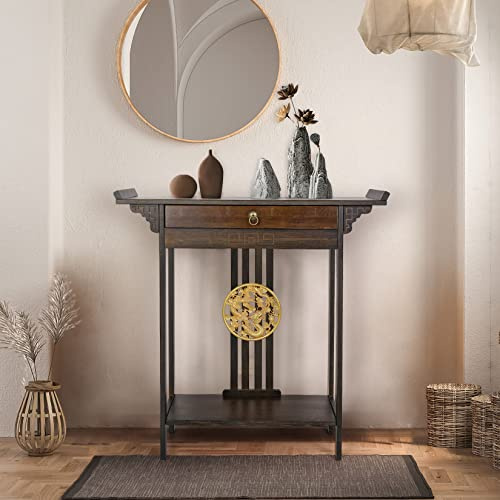 FATIVO Konsolentisch Holz Schmal mit Schublade, 82x32x82 Sideboard mit 2 Ablagen Chinesischer Japanischer Stil für Flur Wohnzimmer Eingang