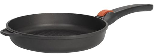 SKK große Antihaft Grill-Pfanne Ø 28 cm - induktionsgeeignet - runde Aluguss Bratpfanne mit gerilltem BBQ Boden & abnehmbaren Stiel - Made in Germany