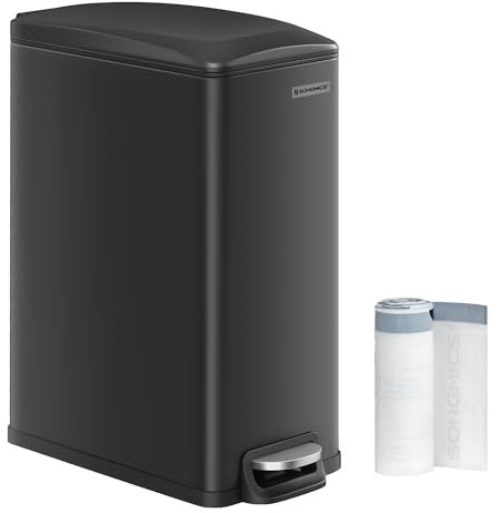 SONGMICS Kitchen Bin 48L, Slim Pedal Bin for Narrow Spaces, Rubbish and Waste Bin with Soft-Close Lid and Inner Bucket, Steel, 15 Rubbish Bags Included, Black LTB510B4802