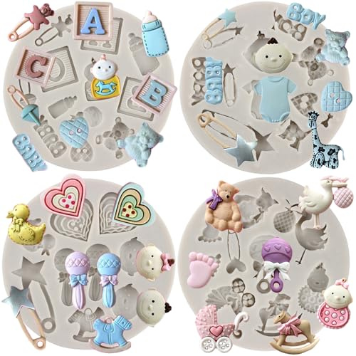 MYPRACS Moldes de silicona para fondant, para decoración de tartas, pasta de goma, decoración de cupcakes, caramelo, chocolate, arcilla polimérica, bebe, juego de 4
