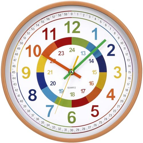 VINILITE Horloge Murale Apprentissage pour Enfants avec Movement Silencieux Horloge Murale Éducative Chiffres Colorées Facile à Lire pour École, Classe, Salon et Chambre