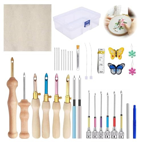Qivine 35 Stück Punch Needle Set Anfänger, Stickerei Punch Nadel Werkzeug Set mit Stanznadel Holzgriff, Sticknadeln und Stumpfe Nadel, Stickerei Starter Kit für Anfänger Erwachsene