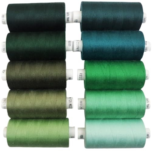 Coats Moon Assorted Sewing Thread Box of 10 reels Coats Moon Polyester All Purpose Thread for Sewing, Over Locker, Stitch, Quilt 1000 Yards 120’s (Greens)