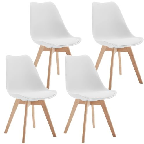 Lestarain Esszimmerstühle 4er Set, Küchenstuhl, Retro Design, Polsterstuhl mit Massivholzbeinen, Esstischstuhl modern, gepolsterter Stuhl, Kunstleder, Weiß, LCNI121001-4
