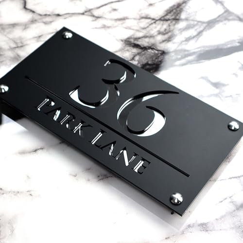 K SMART SIGN | LUXE H3 F32 | House Numbers Plaques House Numbers Door Laser Signs Number Name Personalised Plaques For Outside 3D Laser Cut acrylic Mirrored Marble (Matt Black & Silver Mirror)