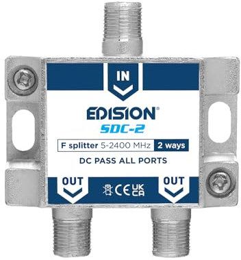 EDISION SDC-2 Partitore Antenna TV 2 uscite, splitter Satellitare e TV con connettore F, Distributore di Segnale TV, Frequenze 5-2400Mhz, DVB-S2, DVB-T2, DVB-C, Passaggio di DC, 2-Vie