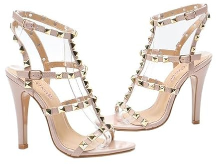 Gizelle® Womens High Heel Sandals Studded Rivet Buckle Ankle Strappy Stiletto Shoes – Ladies Open Toe Office Party Heeled Sandal Nude Patent, 7
