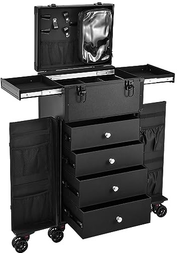 Makeup Trolley Case Beauty Box On Wheels Beauty Trolley with 4 Drawers | Extra Large Size Make Up Artist Vanity Box Makeup Station and Multiple Compartments, Black