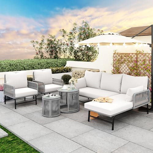 Gartenlounge Set 6-TLG, Gartenmöbel Set Balkonmöbel für 5-6 Personen, Outdoor Lounge Sitzgruppe mit Kissen und Zwei Glastisch, Gartenmöbel aus gewebtem Seil für Garten Balkon und Terrasse (Grau)