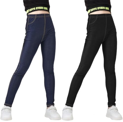 Jeggings pour Filles Taille Haute Leggings de Style Jean Élastique Enfants Longs Pantalo pour Loisirs Sport Jogging Yoga Fitness, Lot de 2