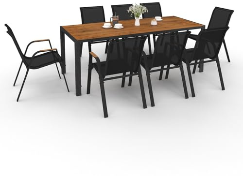 IDMarket - Salon de Jardin NOUMEA Table 190 cm Plateau Verre trempé Effet Bois et 8 chaises empilables Noir et Bois
