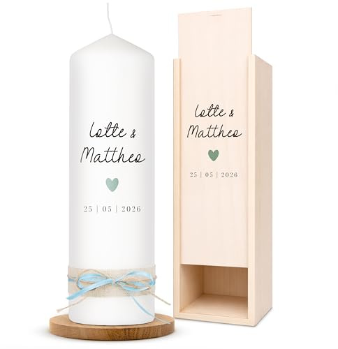 AMARI ® Hochzeitskerze personalisiert Herz 25/8 cm - Traukerze Hochzeit - Hochzeitskerze Standesamt - Traukerze mit Namen und Datum