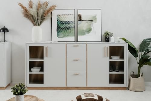 Kombikommode >Split< 4 Türen Davon 2 mit Glas, 3 Schubladen, 4 Böden, steingrau/Jackson Hickory Dekor - 204x94x40cm (BxHxT)