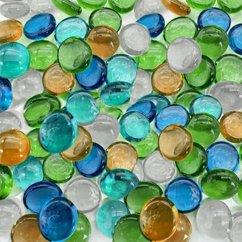200PCS Glass Pebbles - Mixed Color Flat Marble Beads, 0.95KG Blue Vase Filler Glass Stones Artificial Crystal Gemstones Decorative Glass Beads for Vases Aquarium, Flowerpot, Landscaping, Mosaic Tiles