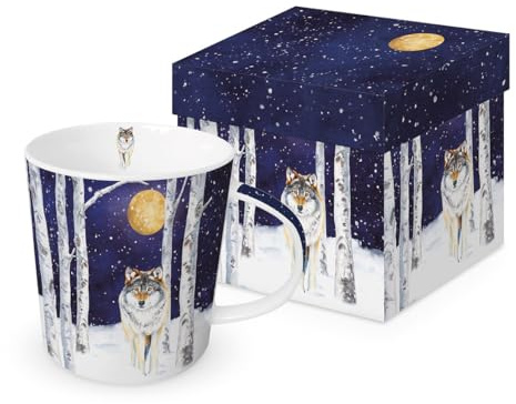 Tasse de Noël Loup au clair de lune en porcelaine. Tasse à motif pour la table dressée et comme cadeau, 0,4 l x H 10,5 cm