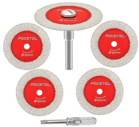 Mini Diamond Glass Cutting Disc - FOCSTOL 5pcs 2 Inch(50mm) Blade and 1pc 1/4 Inch(6mm) Round Shank for Glass Jade Marble Granite Artificial Stone Porcelain Tile Ceramic