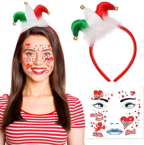 DPKOW Karneval Köln Accessoires, Köln Narrenkappe Karneval Gesichtstattoo Kölle Karneval Rot Weiss, Clown Haarreif karneval Kopfschmuck Kölle Temporäre Tattoos Schminke Karneval Faschingskostüme Damen