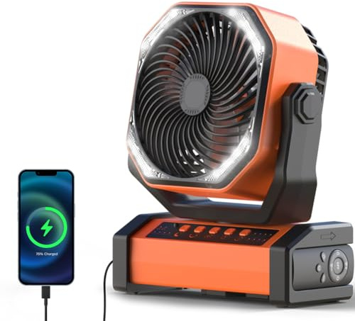 Ventilador De Campamento Con Luz Led, Ventilador De Batería Recargable De 20000 Mah Con Temporizador Y Remoto, 4 Velocidades Ajustables, Interruptor Independiente, 45 °/90 ° Cabezal De Mecedora