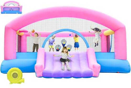 DIYJOTOFUN stor hoppborg med basketkorg och kastlek, barn 3–10 år inklusive fläkt – inomhus och utomhus, XXL