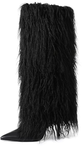 INSMIA Fold Over Boots for Women Dark Black Furry Knee High Tall Boot Wide Calf Pointed Toe Stiletto High Heel Fall Winter Boots for Women Size 7.5