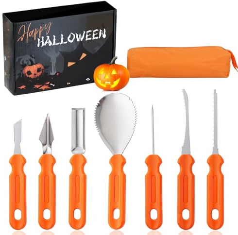 WRSION 7 Pieces Pumpkin Carving Kit - Professional Heavy Duty Stainless Steel Tools Set for Halloween Jack-O-Lanterns, Adults