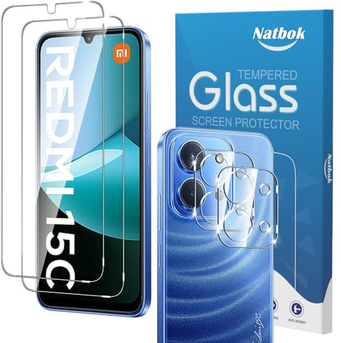 Natbok 2+2 Pièces Verre Trempé pour Xiaomi Redmi 15C/Redmi 15 C 4G/5G, 2 Protection d'écran avec 2 Caméra Arrière Protecteur pour Redmi 15C, [Sans Bulles] HD Transparent Verre Facile à Installer