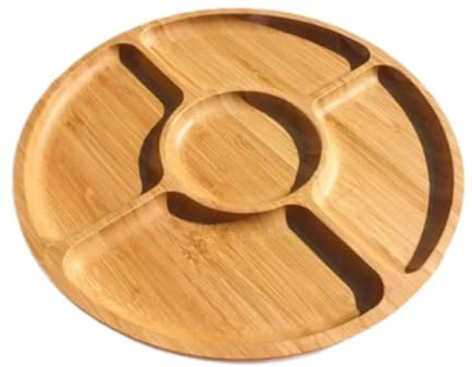 24cm Divided Wooden Serving Tray Portion Control Plate with 5 Compartments for Snacks Fruits Veggies
