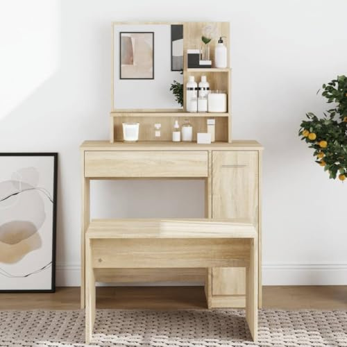 HaoChrymec Toletta con Specchio in Legno Rovere Sonoma, Cassetti e Ripiani Multipli, Postazione Trucco e Make Up, Toilette da Trucco per Camera da Letto, Vanity Desk for Makeup, 86.5x35x136 cm