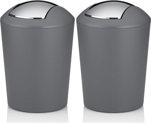 kela Seau à cosmétique gris 1,7l, mini poubelle de salle de bain avec couvercle basculant, plastique, MARTA, petite poubelle de table grise mate (Lot de 2)