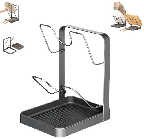 Kitchen Pot Lid Storage Rack,Stainless Steel Pot Lid Holder While Cooking & Spoon Rest,Multifunctional P-ot L-id Organizer with Removable Drip Tray,Space-Saving Counter LidStand For Pots,Pans