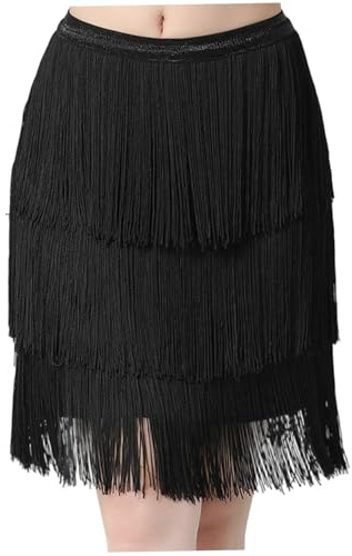 Hotainoys Gonna con Frange Nere Gonna con Nappe a 3 Livelli con Elastico in Vita per Donne, Ballo Latino Latino Tango, Nappa M