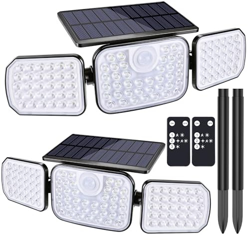 Lampe Solaire Exterieur, [Lot de 2] Lumière Solaire Extérieure avec Détecteur de Mouvement IP65 Étanche 3 Modes LED Lampes Solaires Projecteur 3 Têtes Éclairage Mural pour Outdoor Jardin Garage Cour