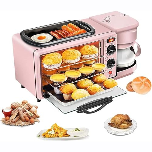 Elektrisk Frukostmaskin, 9L Stor Bakyckningsområde, 3-I-1 Frukoststation, 1.2L Kokpanna, Kaffebryggare, Temperaturreglering 100-230°, 30min Timer, För Köket(Pink)