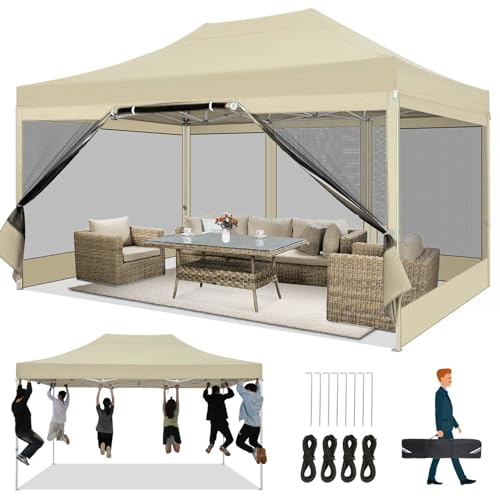 COBIZI Faltpavillon 3x4,5 Wasserdicht Stabil, Partyzelt Faltbar mit 4 Seitenwänden Moskitonetz Pop Up Gartenpavillon Anti-UV für Garten, 420D Oxford, Tragetasche mit Rollen, Khaki