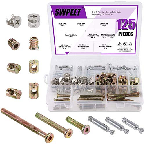 Swpeet 125 piezas 3 en 1 Tornillo de conexión de tuerca cuna Kit de tornillos, Cam Fitting con muebles Eccentric ajuste Muebles Side Connecting tornillo de tuerca pre-insertado Eccentric Rueda