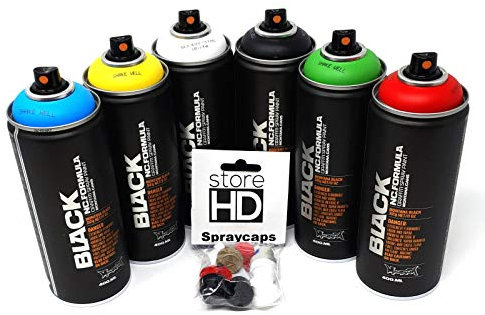 Montana Black Sprühdosen Set Grundfarben + Ersatzsprühköpfe - Graffiti Street Art 6 x 400 ml