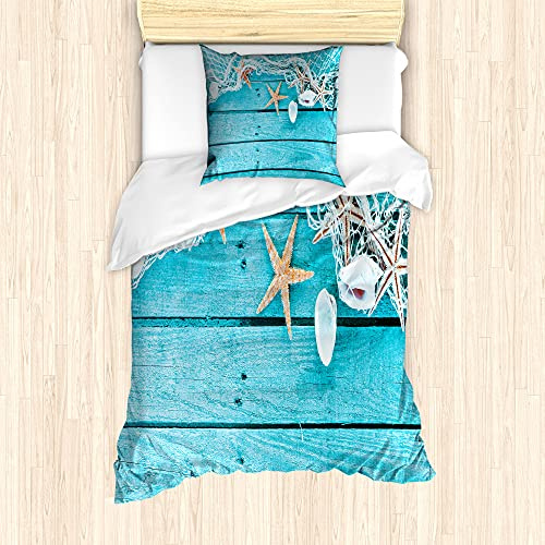 ABAKUHAUS maritim Bettbezug Set für Einzelbetten, Nautik Muscheln und Net, Weicher Microfaserstoff Allegigeignet kein Verblassen,Aqua Tan