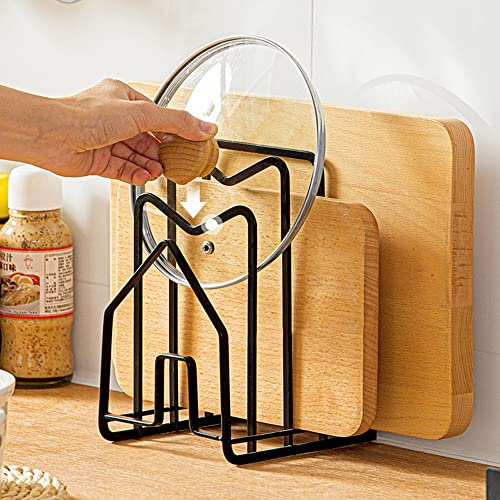 CODIRATO Support de Planche à Découper en Fer Support Porte-casseroles avec 2 Crochets Autocollants Egouttoir Range Couvercles Range Couvercle pour Tiroir Cuisine Assiettes, Couteaux, Livres(Noir)