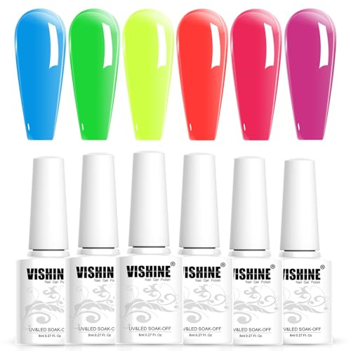 Vishine UV Nagellack Fluoreszierende Farbe, 6 Farben Neon Nagellack Set Blau Grün Gelb Orange Rose, Sommerfarben GelKit, Soak Off UV LED Gellack Nagelstudio Set