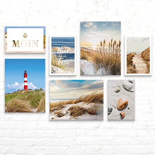 Wunderschönes Nordsee Wandbilder Set, 7 aufhängefertige maritime Strand Dünen Küsten Leinwand-Bilder, mood Wand-Deko Bilder für Wohnzimmer Schlafzimmer Wohnung Bilderset je 3x 30x40cm - 4x 30x20cm