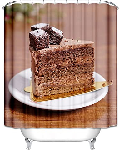 EHOMERY Duschvorhang Jalousie Duschrollo Zubehör Schokoladenkuchen Duschvorhang Dachschräge Badewanne Vorhang Badezimmer Blickdicht Durchgang Polyester 12 Hakenringe, 180X200Cm